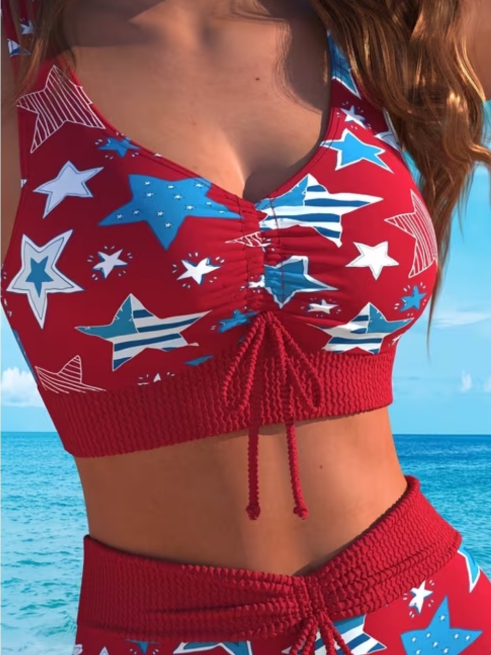 Red Star Print Cropped bathing suit